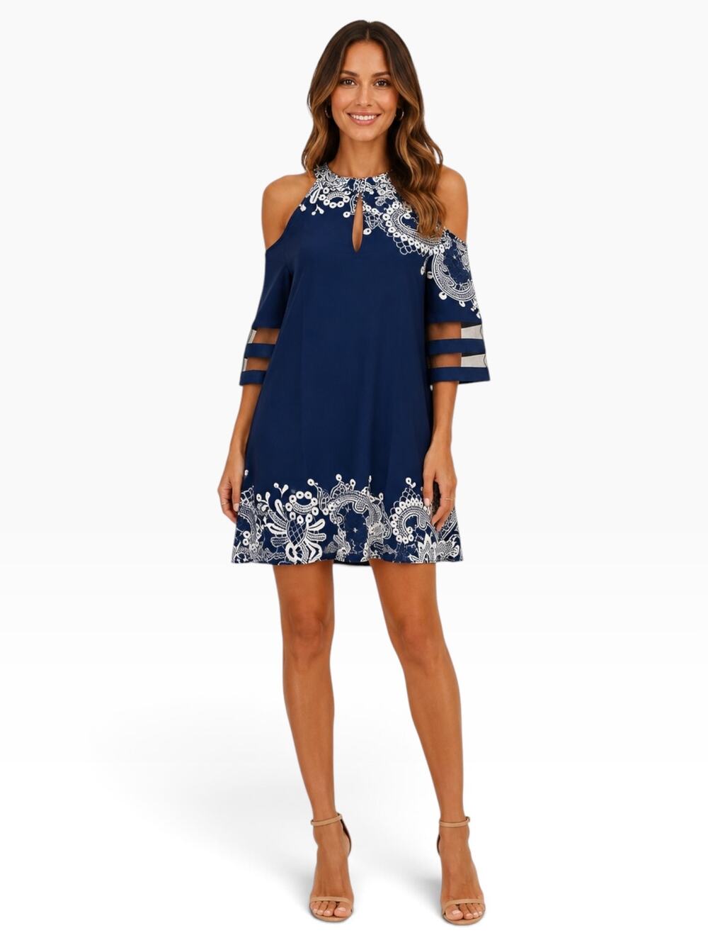 NWT Made With Love Navy Paisley Cold Shoulder High Neck Shift Dress Women S